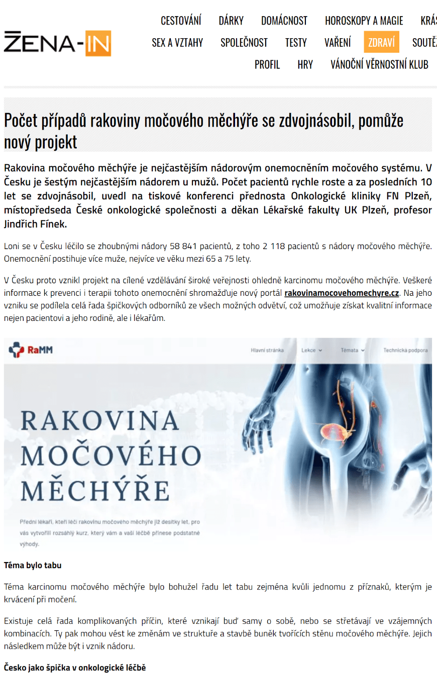 Rakovina močového měchýře • RaMM v médiích • zena in 23.10.2021
